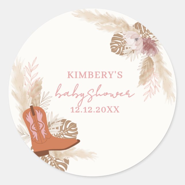 Sticker Rond Baby shower Pampas Boot Boho Rose Elegant Boho (Devant)