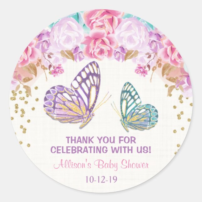 Sticker Rond Baby shower papillon autocollants, or turquoise ro (Devant)