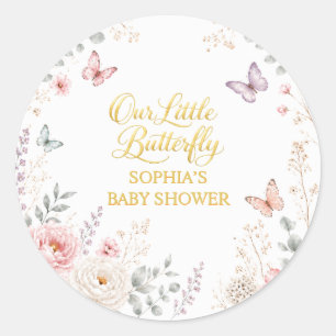 Sticker Rond Baby Shower Papillon Floral Or