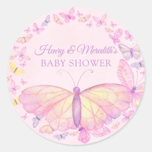 Sticker Rond Baby shower papillon rose et pourpre