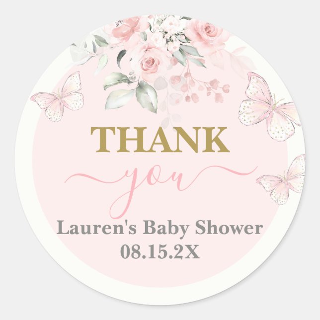 Sticker Rond Baby shower papillon rose fille (Devant)