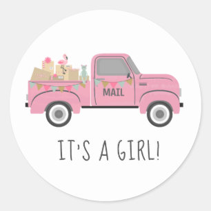 Sticker Rond Baby shower par la poste Camion rose Vintage