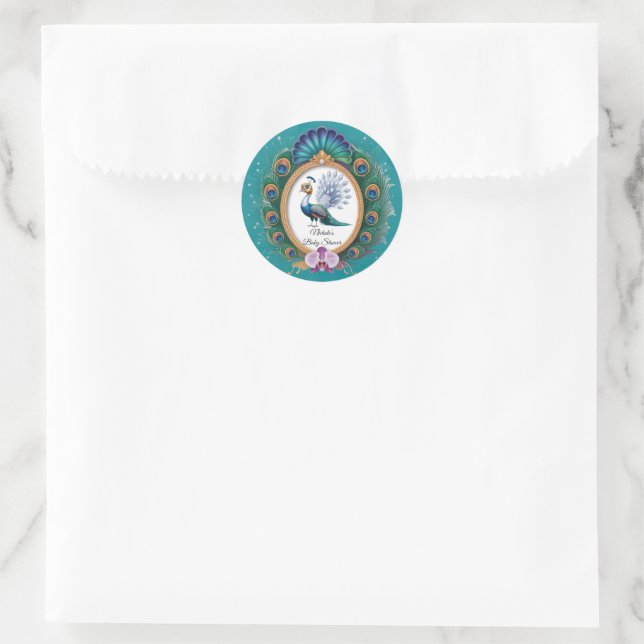 Sticker Rond Baby shower Peacock couleur blanc et or (Sac)