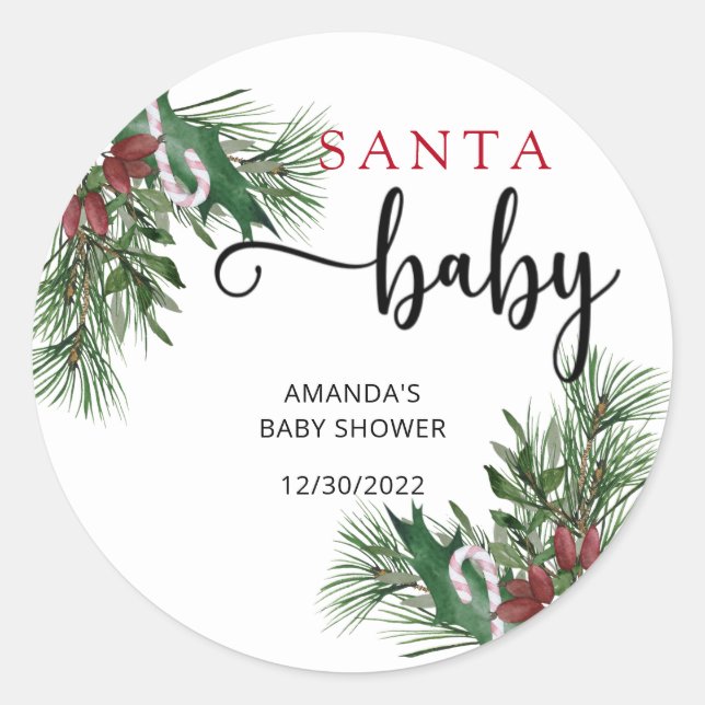 Sticker Rond baby shower Père Noël à feuillage persistant (Devant)