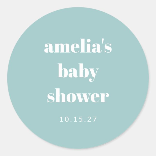Sticker Rond Baby shower personnalisé Aqua Blue Minimalist (Devant)