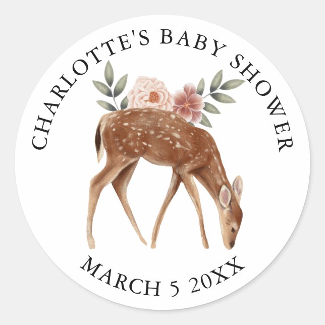 Sticker Rond Baby shower personnalisé des animaux forestiers de (Devant)