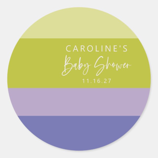 Sticker Rond Baby shower personnalisé mou violet vert bande (Devant)