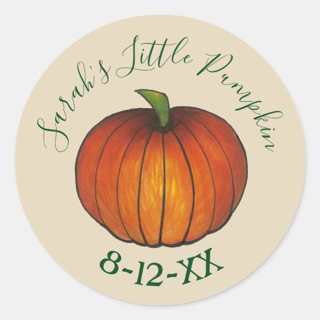 Sticker Rond Baby shower personnalisé petit Citrouille Date de  (Devant)