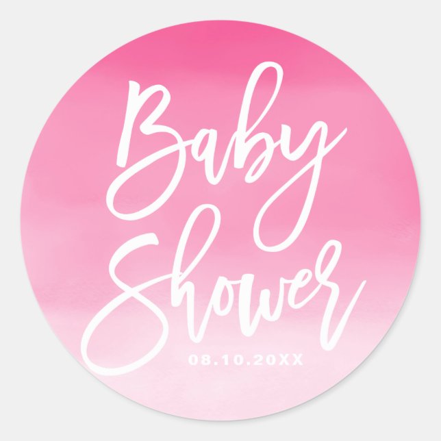 Sticker Rond Baby shower personnalisé rose ombre lettres main (Devant)