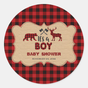 Sticker Rond Baby shower Petit Chasseur de bûcheron rouge de bû