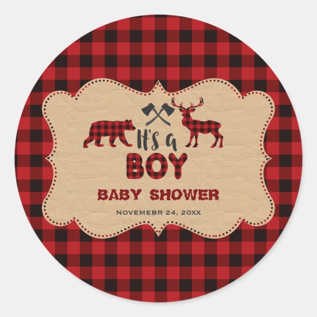 Sticker Rond Baby shower Petit Chasseur de bûcheron rouge de bû (Devant)