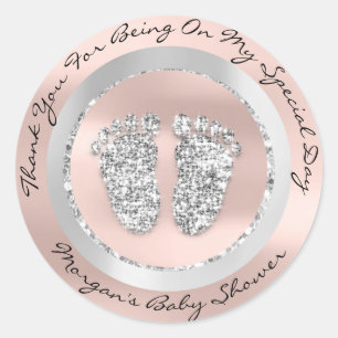 Sticker Rond Baby shower Pieds Garçon Nom fille Merci Rose gris