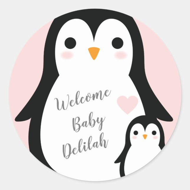 Sticker Rond Baby shower Pingouin mignon fille rose (Devant)