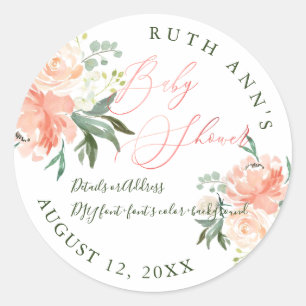 Sticker Rond Baby shower PixDezines, Aquarelle Florale, Pêche