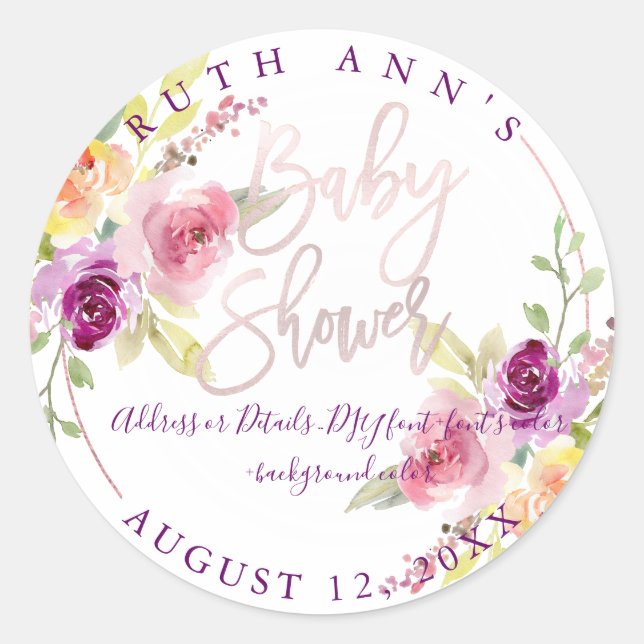 Sticker Rond Baby shower PixDezines, Aquarelle Florale, Plum (Devant)