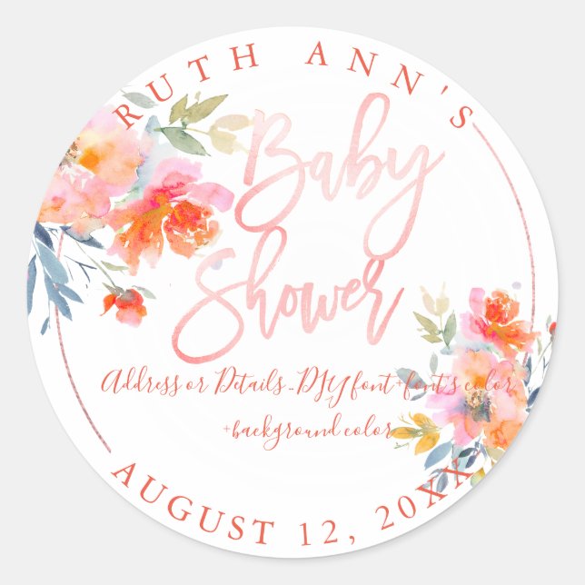 Sticker Rond Baby shower PixDezines, Aquarelle Florale, Rose (Devant)