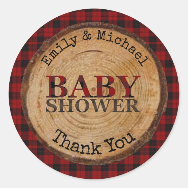 Sticker Rond Baby shower Plaid Rustique Buffalo Personnalisé (Devant)