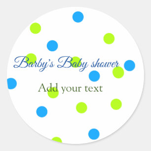 Sticker Rond Baby shower pois bleu vert ajouter un nom