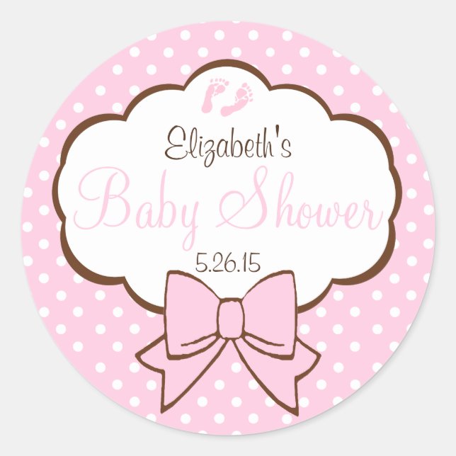 Sticker Rond Baby shower Pois rose et Brown (Devant)