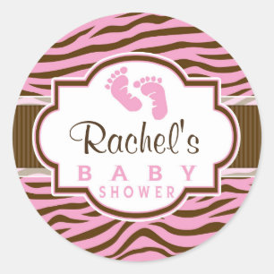 Sticker Rond Baby shower Poster de animal Brown, Pink Zebra Str