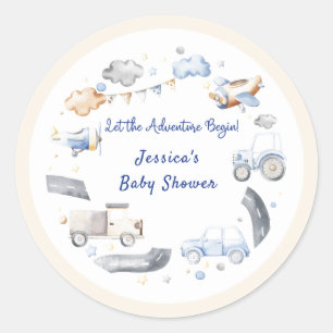Sticker Rond Baby shower pour garçons de transport d'aventure
