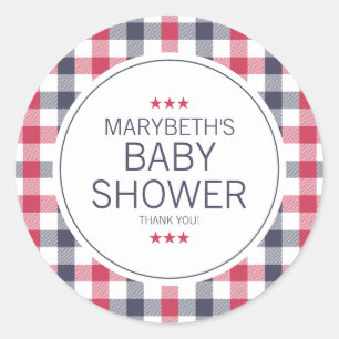 Sticker Rond Baby shower préppy rouge, blanc et bleu plaqué