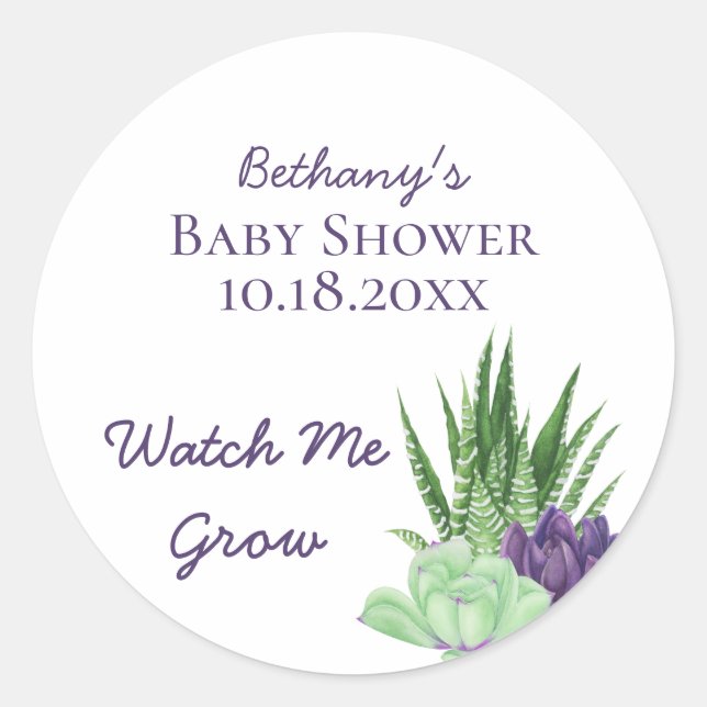 Sticker Rond Baby shower Purple Green Succulents Me Regarder Cr (Devant)