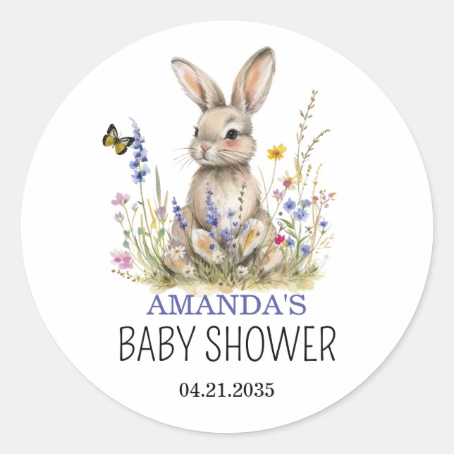 Sticker Rond Baby Shower Quelques fleurs sauvages de lapin auto (Devant)