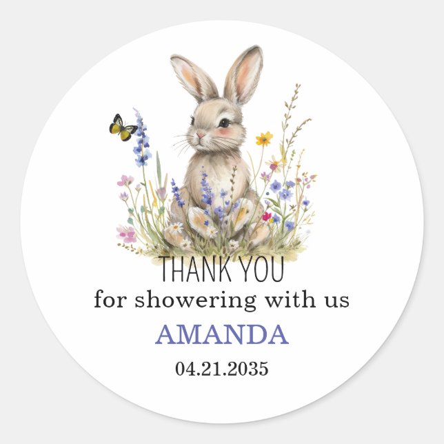 Sticker Rond Baby shower Quelques fleurs sauvages lapin autocol (Devant)