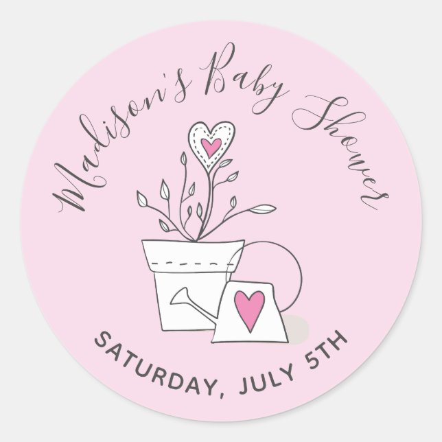 Sticker Rond Baby shower Regardez-moi grandir Plante rose point (Devant)