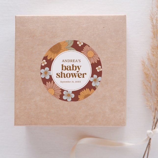 Sticker Rond Baby shower Retro Wildflowe (Créateur téléchargé)