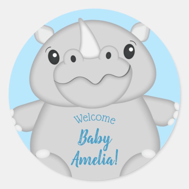 Sticker Rond Baby shower Rhino bleu (Devant)