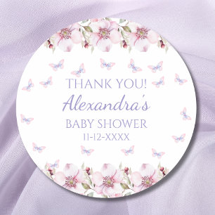 Sticker Rond Baby shower rose à papillon floral Merci