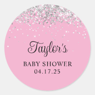 Sticker Rond Baby shower rose clair Parties scintillant argent