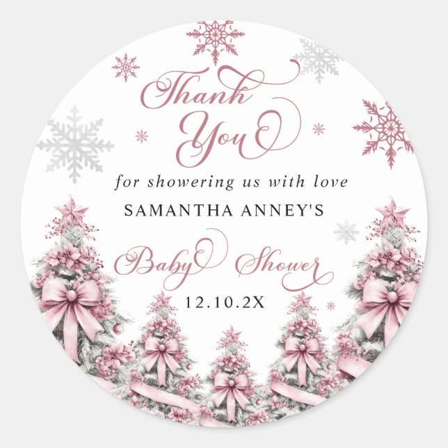Sticker Rond Baby shower rose de Noël d'hiver Merci (Devant)