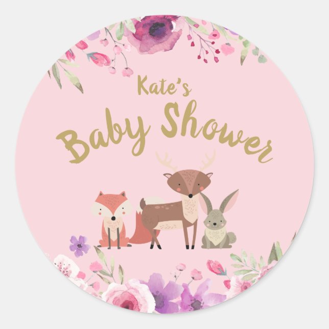 Sticker Rond Baby shower rose floral des animaux des bois (Devant)