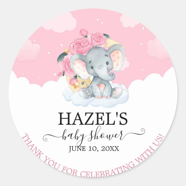 Sticker Rond Baby shower rose Floral Eléphant fille Merci (Devant)
