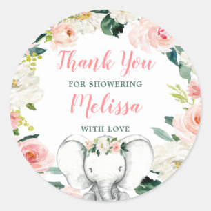 Sticker Rond Baby shower rose Floral Eléphant fille Merci