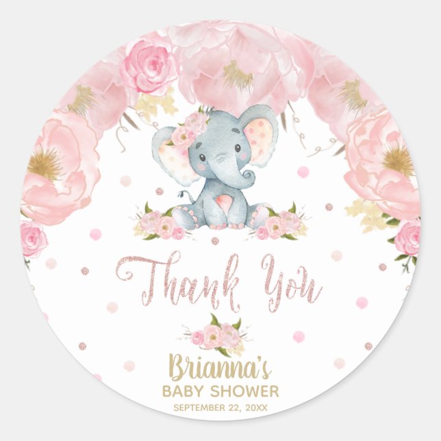 Sticker Rond Baby shower rose Floral Eléphant Merci (Devant)