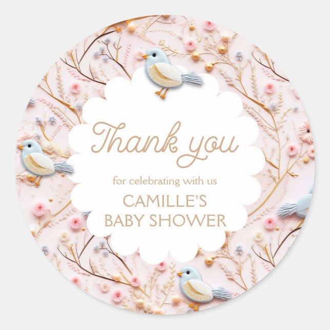 Sticker Rond Baby shower rose floral fille Merci (Devant)