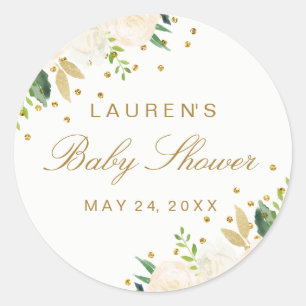 Sticker Rond Baby Shower Rose Foncé Fleurs Paillettes Dorées