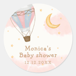Sticker Rond Baby shower Rose Girl Hot Air Balloon Lune Star