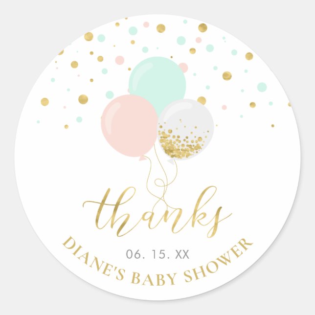 Sticker Rond Baby shower rose, Menthe et Ballons d'or Favoriser (Devant)