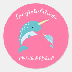 Sticker Rond Baby shower rose Narwhal