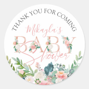 Sticker Rond Baby shower Rose or rose  de Merci de script Flora