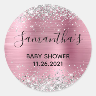Sticker Rond Baby Shower Rose Pailleté Argenté Brillante