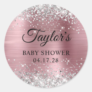 Sticker Rond Baby Shower Rose Pâle Pailleté Argenté Brillante