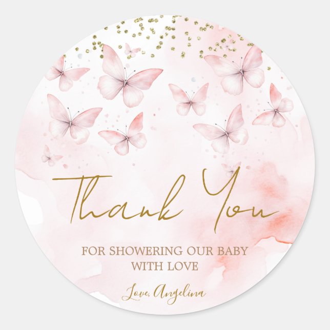 Sticker Rond Baby shower rose papillon Merci (Devant)