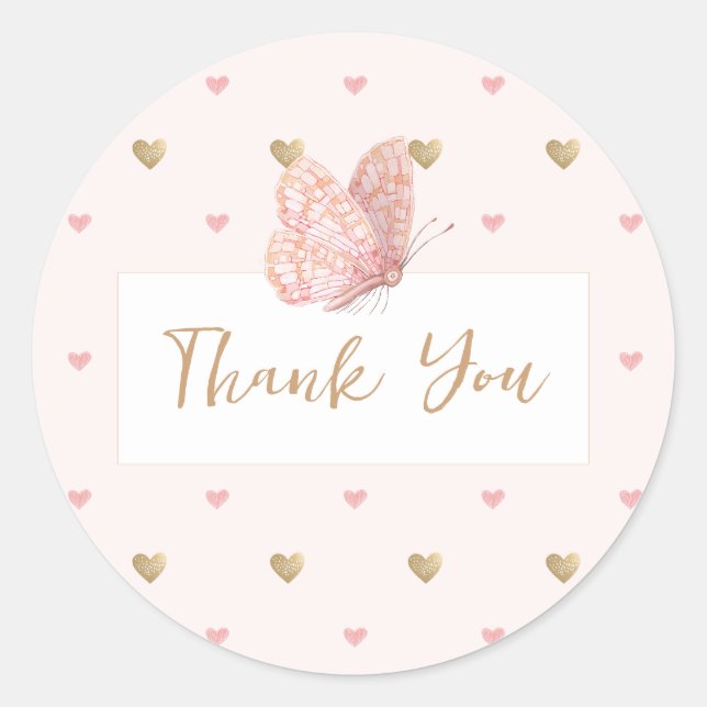 Sticker Rond Baby shower rose papillon Merci (Devant)