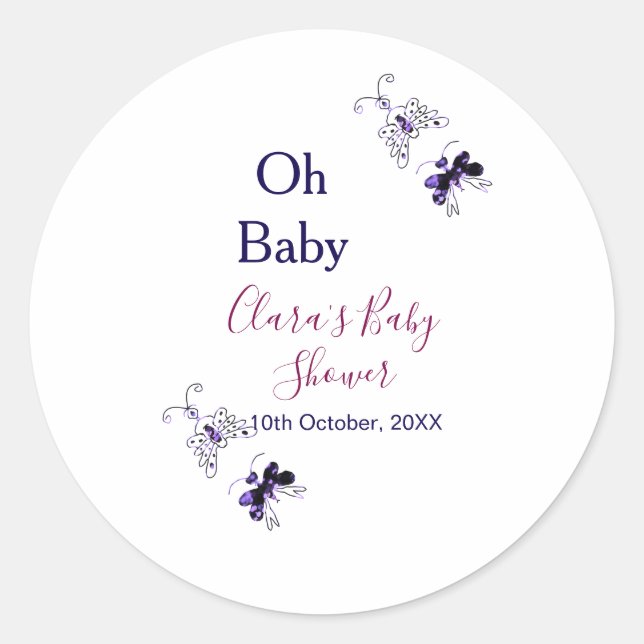 Sticker Rond Baby shower rose papillon violet oh bébé moderne (Devant)